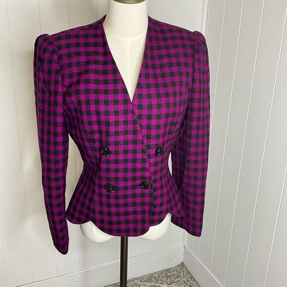 Vintage Albert Nipon Suits Women's 6 Black Pink 100% Wool Peacoat Suit Jacket - Picture 1 of 13
